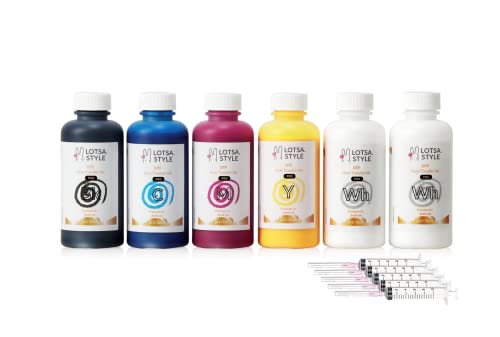 Lotsa Style Recarga de tinta Premium PRO DTF para impresoras de inyección de tinta Impresión de película de transferencia de calor, edición comercial de formato grande y ancho (120 ml x 6, CMYK Wh) Cover