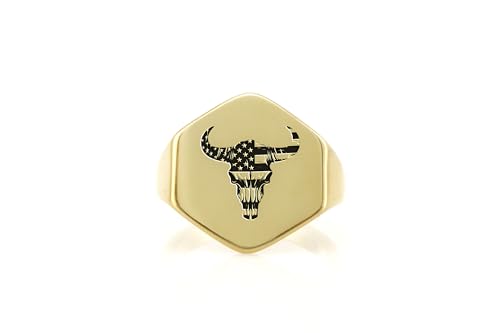 Bague drapeau américain et taureau au design hexagonal premium