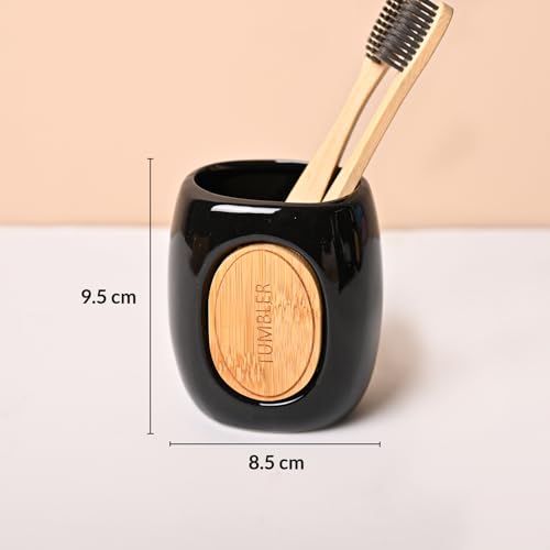 Image of Market99 Ceramic Bathroom Set Glossy Black with Sophisticated Classic Text Pattern, Includes Soap Dispenser, Tumbler, Toothbrush Holder, and Soap Dish for Coordinated Bathroom Style, 400 ML Capacity