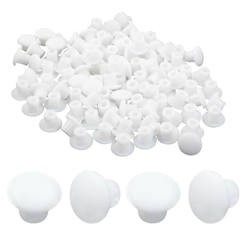 Image of Waziaqoc Plastic Hole Plugs, White, 3 /16 inch (5mm), 100 Pcs | Round Button Plugs, Screw Cap, Flush Type, Snap in Locking, For Cupboard Bookshelf Closet Cabinet