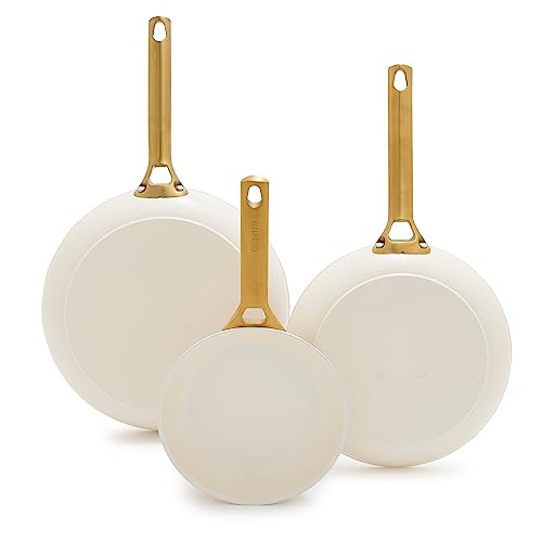 GreenPan Hard Anodized Healthy Ceramic Nonstick 8" 10" & 12" 3 Piece Frying Pan Skillet Set, Gold Handle, PFAS-Free, Dishwasher Safe, Oven Safe, Cream White by GreenPan - Used condition - US$57.27