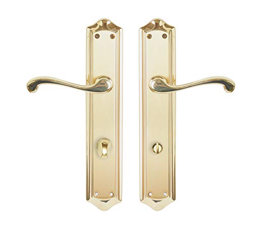 Juego de manivelas de latón fabricado en España. Color dorado mate y brillo. Barnizado semi-brillo. Medida placa: 275x52 mm.