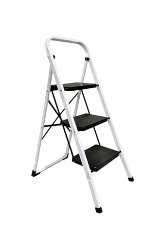 Escalera Plegable de Metal Domestica Color Gris Oscuro, Taburete Plegable peldaño Extra Ancho y con Apoyabrazos Carga hasta 150 KG (3p Blanca)