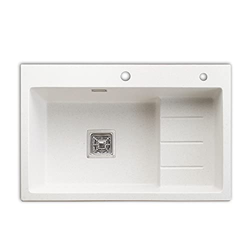 Fregadero de cocina, piedra de cuarzo resistente al desgaste, gran ranura única, lavabo de hogar empotrado grueso, juego de fregadero blanco, canasta de drenaje telescópica, varios tamaños: 560 x