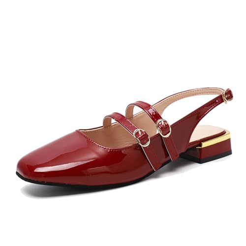 Fudaolee Mary Jane Schuhe Damen Niedrige Pumps Elegant Slingback Sandalen Frauen Absatzschuhe Slingpumps Bequem Kleiderschuhe Rot EU 39=CN 40