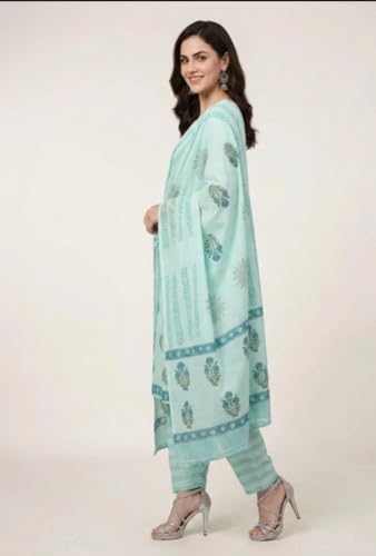 Image of Eddika women unstitched hand block printed cotton suit set with mulmul dupatta ehbpcswmd0120P