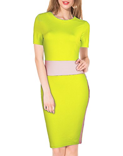 WOOSEA Women's Short Sleeve Colorblock Busniess Cocktail Party Pencil Dress (XX-Large, Yellow)