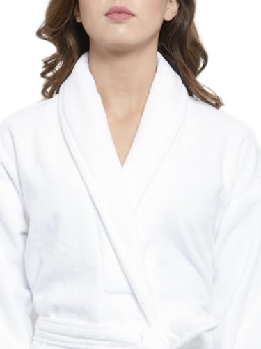 Image of Double Side Terry Cotton Bathrobe, White, Knee Length, Women's Loungewear with Pockets