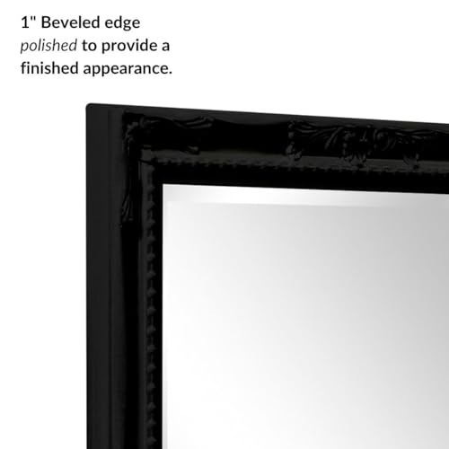 Image of Howard Elliott Collection Queen Ann Rectangular Glossy Black Wall Mirror, Rectangle Hanging Wood Framed Vanity Mirrors for Home Decor, Living Room, Bathroom, Bedroom, or Hallway, 24 x 36 Inch