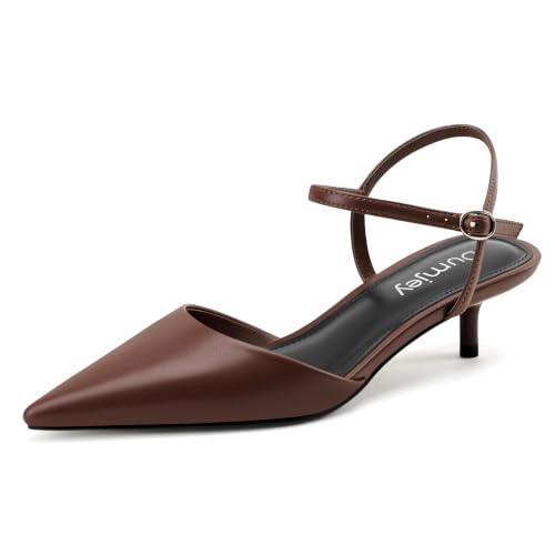 Dumjey Womens Kitten Heel Pumps Pointed Toe Short Heels, Dark Brown, 11