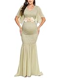 AISWI Maternity Lace Mermaid Dress V Neck Handkerchief Sleeve Chiffon Maxi Gown for Wedding Guest Photoshoot Baby Shower, Sage Green, M