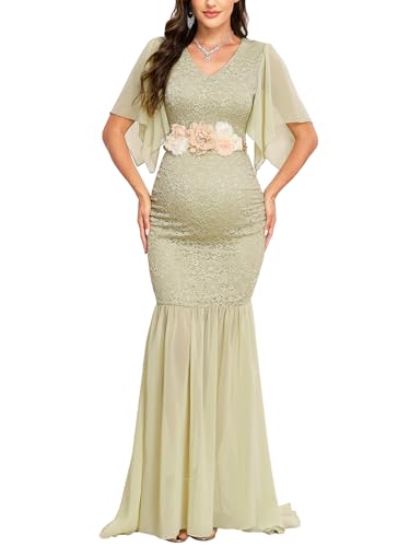 AISWI Maternity Lace Mermaid Dress V Neck Handkerchief Sleeve Chiffon