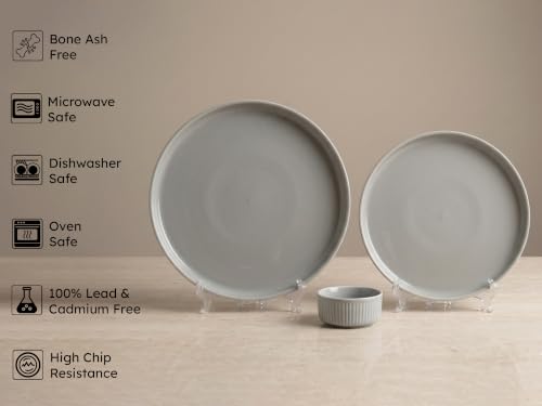 Image of Bodhi House 18 Piece Ribbed Porcelain Dinner Set 6 Dinner Plates | 6 Quarter Plates & 6 Katori, Microwave & Dishwasher Safe, Chip Resistant Crockery Set for Home & Gifting, Pearl Grey
