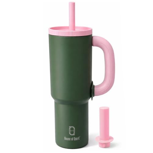 Image of House of Quirk 1200ml Stainless Steel Tumbler with Handle, Straw & Straw Cap | Leakproof Water Bottle | Large Capacity Travel Mug (Strawberry Matcha)
