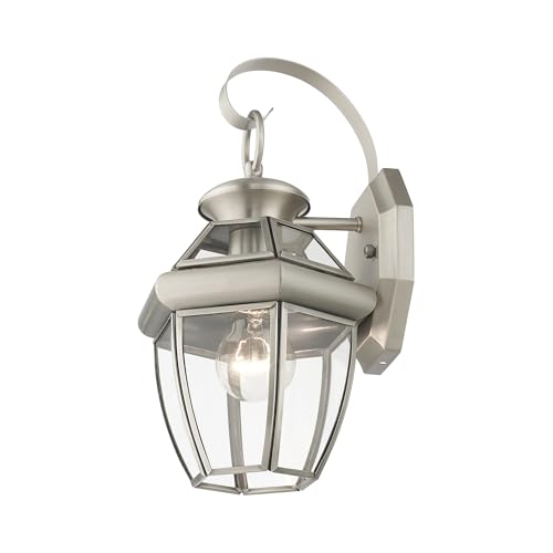Image of Livex Lighting 2051-91 Monterey 1 Light Outdoor Brushed Nickel Finish Solid Brass Wall Lantern with Clear Beveled Glass | Clear Beveled Glass; Solid brass construction