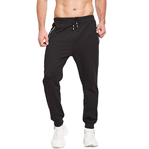 ZOXOZ Pantaloni Sportivi Uomo Estivi Cotone Pantaloni Tuta Uomo Fitness Jogging Palestra Leggeri con Tasche Zip Elastico in Vita con Coulisse Nero S