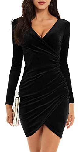 CheChury Damen Winterkleid Festlich Kleid Samtkleid Lange Ärmel Wickelkleid Bodycon Kurzes V Ausschnitt Abendkleid Elegant Ballkleid Eng...