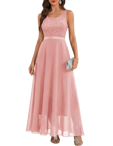 Image of BeryLove Sequin Dress for Woman Vintage A Line Wedding Formal Swing Mesh Dress Sleeveless Cocktail Maxi Gowns