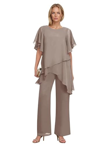 2 Pieces Mother of The Bride Pant Suits Chiffon Ruffles Scoop Formal Outfit Sets for Wedding Party Guest HX004 Taupe