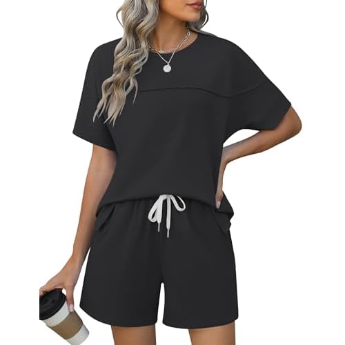 IECCP Women’s Tracksuit 2 Piece Summer Outfit Co Ord Sets Crew Neck Loose Cotton Shirt and Drawstring Shorts with 2 Pockets