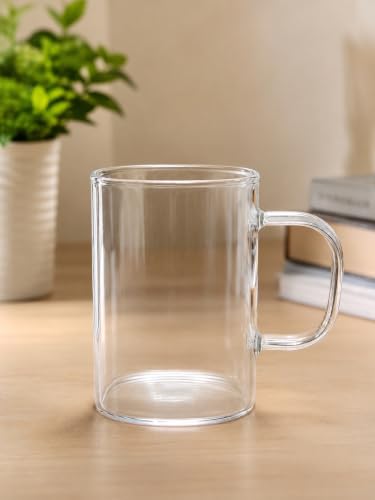 Image of IndusBay Pack of 2, 230 ML Square Borosilicate Glass Tea Cups Clear Glass Tea Coffee Mugs with Handle, Microwave Safe, Clear