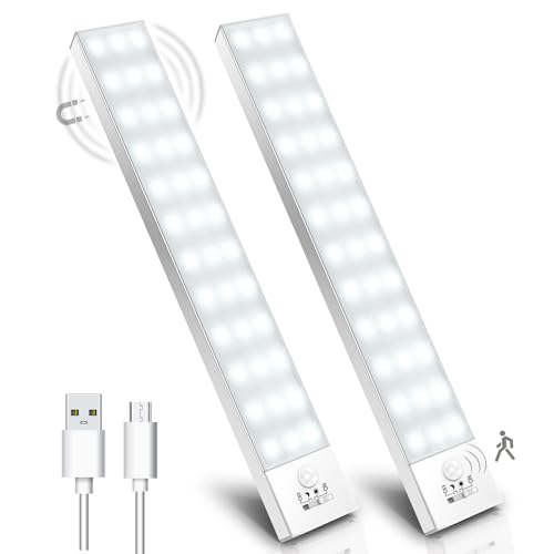 Generico Luce Armadio LED con Sensore di Movimento, 23cm, 1000mAh/36 LED/4 Modalità Lampada Guardaroba, Luce da Esposizione USB Ricaricabile per Cucina, Scale, Corridoio - 2 Pezzi