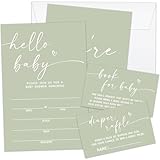 Tbaogusu Set Of 25 Hello Baby Sage Green Baby Shower Invitation Set, Baby Shower Invitations Gender Neutral, Invitation Cards With Envelopes Including Book Request Card & Diaper Raffle Tickets -002