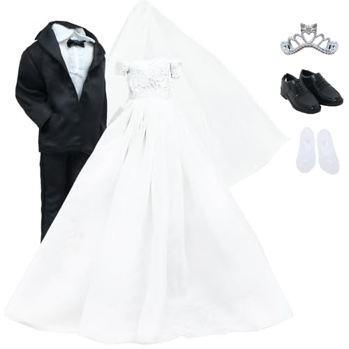 XYBEI Wedding Set Beige Dress Bridal Veil and Groom Formal Suit Outfit for Barbie Ken Doll Clothes