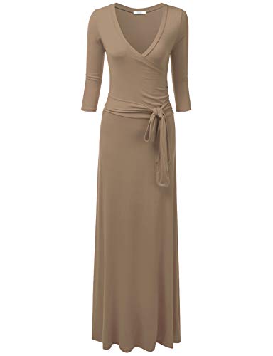 NINEXIS Women s V-Neck 3 4 Sleeve Waist Wrap Front Maxi Dress Mocha S