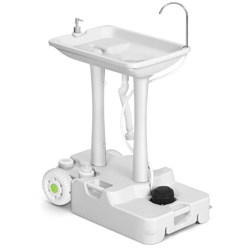 YITAHOME Portable Camping Sink with Rolling Wheels, Hand Washing Station with 30 L Water Capacity, Soap Dispenser, Towel Holder, Ideal for Outdoor, Travel, Boat, Gather, Wedding, Worksite, White