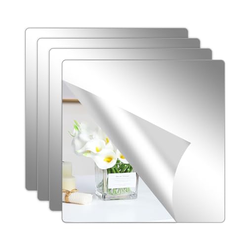 Hode 4 Pieces Self Adhesive Mirror Tiles 20x20cm (2mm Thick) Acrylic Stick on Mirror Stickers Flexible Tiles for Wall Bathroom Bedroom