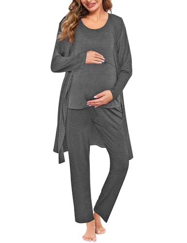 Image of SWOMOG Maternity Nursing Robe Set 3 PCS Women Postpartum Pajamas Breastfeeding Labor Delivery Hospital Pregnancy Pjs