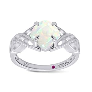 Gemvio Collection 1 CTTW 7MM Cushion Cut Natural Opal Gemstone Solitaire Celtic Knot Promise Engagement Ring In 14K Solid White Gold Jewelry For Women Ring Size-8