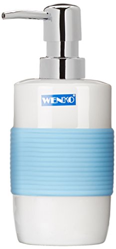 WENKO 21675100 Seifenspender, Keramik, 9 x 17,3 x 7,5 cm, weiß/Bahia blau