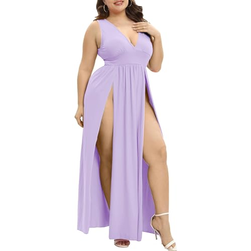 Image of SILUI Women's Summer 2026 Sexy Double High Slit Deep V Neck Plus Size Sundresses Thigh Split Maxi Club Party Dresses