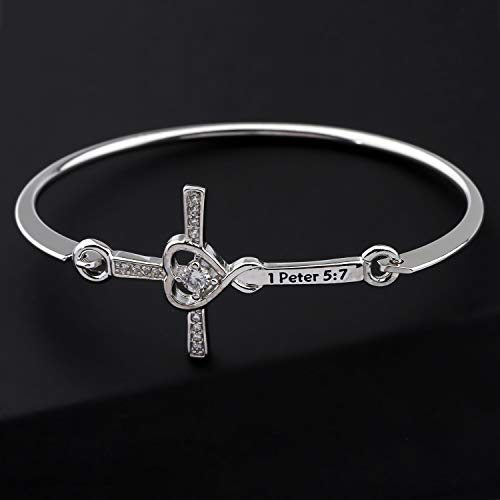 Bekech Christian Cross Charm Bracelet Bible Verse 1 Peter 5:7 Inspirational Scripture Sideway Cross Bangle Religious Jewelry Faith Gift For Women Girls (Silver) #TOP3