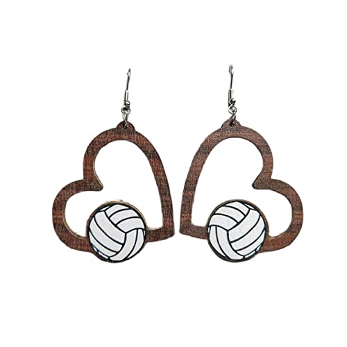 Wooden Sports Ball Earrings Sport Ball Heart Leopard Print Dangle Earring Round Heart-Shaped Baseball Basketball Volleyball Football Drop Earrings Sports Fans Players Jewelry for Women