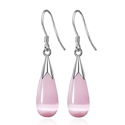 Image of CERSLIMO Silver Drop Earrings for Women, Long Dangle Earrings with Pink Opal Stone | White Gold Plated Water Drop Dangly Earrings Jewellery Gifts for Christmas Birthday Teardrop Dangling Earrings