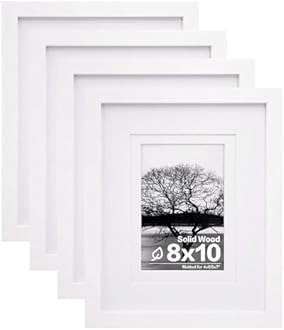 Egofine 8x10 Picture Frames Set of 4, Made of Solid Wood Covered by Plexiglass 4x6 and 5x7 with Mat or 8x10 without Mat, for Table Top Display and Wall Mounting Photo Frame White