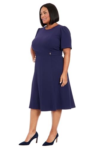 Image of London Times Women's Short Sleeve Crepe Fit and Flare Midi with Waist Button Detail