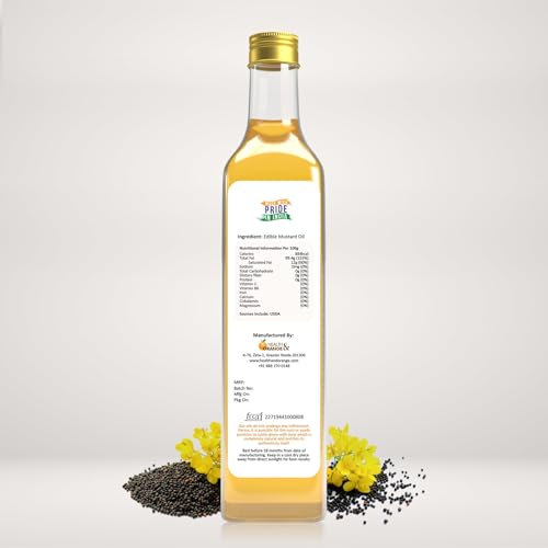 Image of H&O Black Mustard Oil - 100% Pure Cold Pressed Edible Kaali Sarson Ka Tel - 500 Ml Glass Bottle