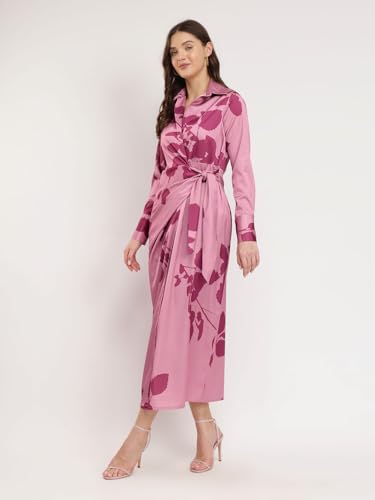 Image of FableStreet Women's Casual Shirt Collar Printed Polyester Midi Dress