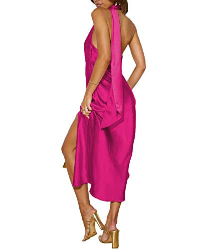 Image of Sexyshine Women's Elegant Halter Tie Neck Sleeveless Satin Long Dress Backless Split Cocktail Party Formal Wedding Maxi Dress