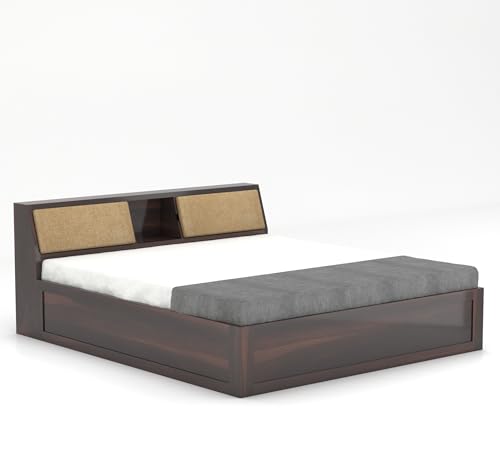 Image of Sheesham Wood Queen Size Bed with Box Storage Wooden Double Bed Cot Bed Furniture for Bedroom Living Room Home (Walnut Finish)