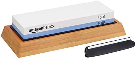 Amazon Basics Whetstone Knife Sharpening Stone Double-Sided 1000/6000 Grit with Angle Guide Non-Slip Bamboo Base