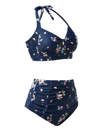 Image of Holipick Women High Waisted Bikini Set Two Piece Swimsuit Tummy Control Bathing Suit Vintage Halter Swimwear