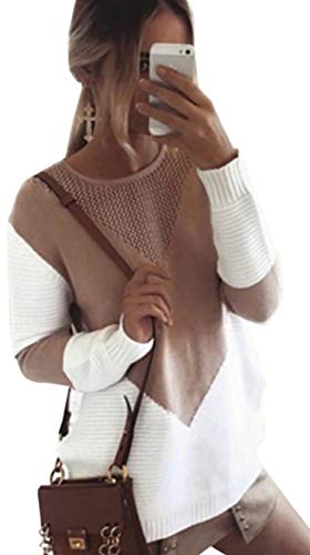 shermie Women Long Sleeve Crew Neck Pullovers Stitching Color Loose Knitted Sweaters Camel M