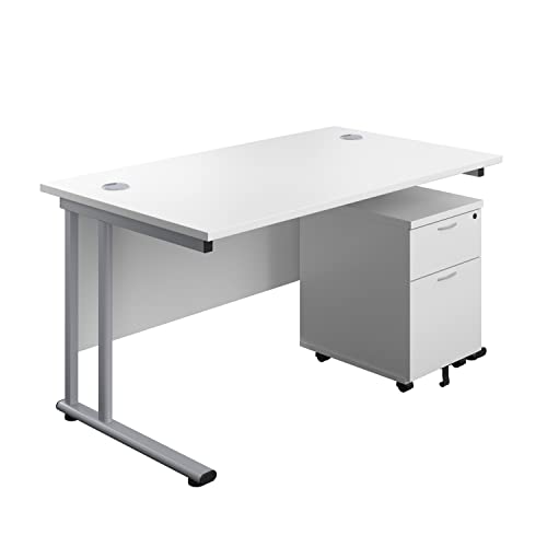 Office Hippo Professional Cantilever Office Desk With 2 Drawer Mobile Pedestal, Wood, White, Silver Frame, 140 x 80 x 73 cm