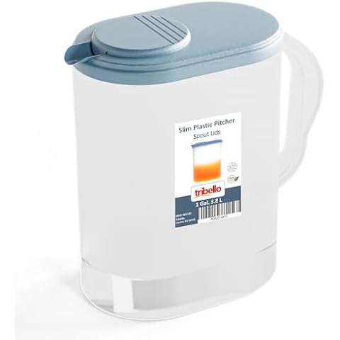 Tribello Pitcher with Lid 1 Gallon, Slim Clear Plastic Water Pitcher with Pivot-top Spout Lids, Iced Tea Pitcher for Fridge, Freezer/Dishwasher Safe, and BPA/Phthalate Free Cover