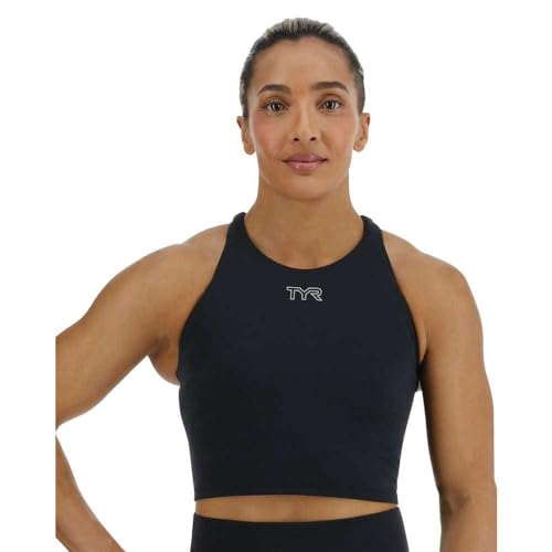 TYR Women's Elite Cropped High Neck Sports Bra, Black, Large
